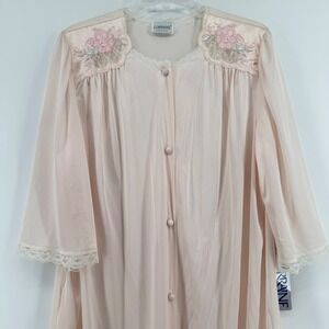 Lorraine Robe Womens Large Pink Vintage Button Front Lace Floral Embroidered
